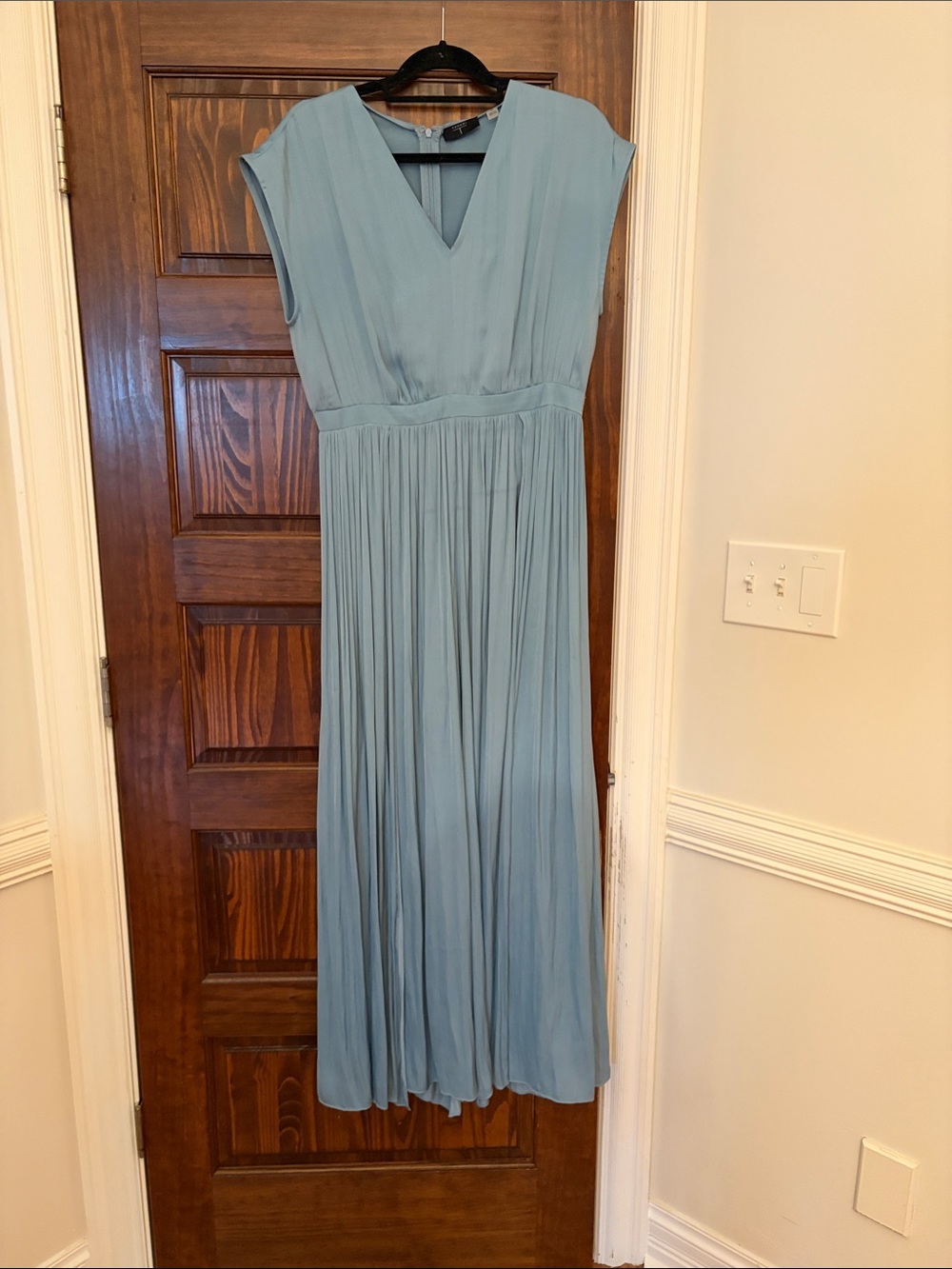 Tahari Dusty Blue Pleated V-Neck Maxi jumpsuit